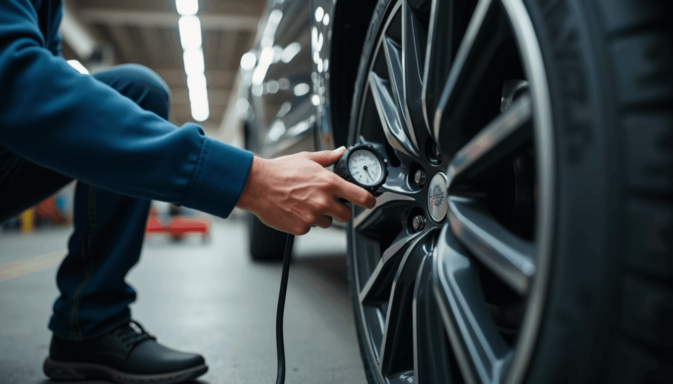 A mechanic checking a tyre's pressure with a gauge
