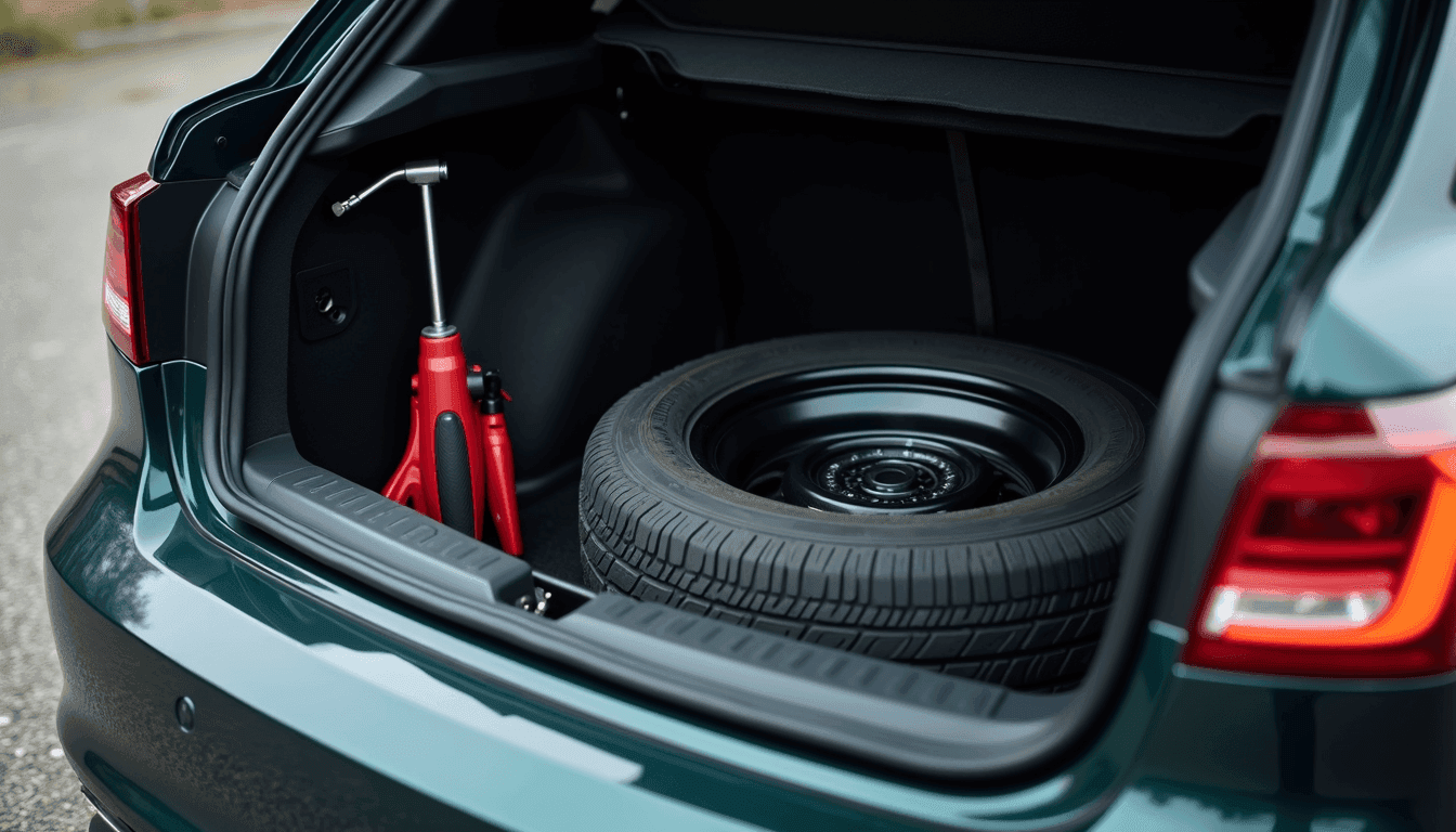 An open car boot with a spare wheel and a jack