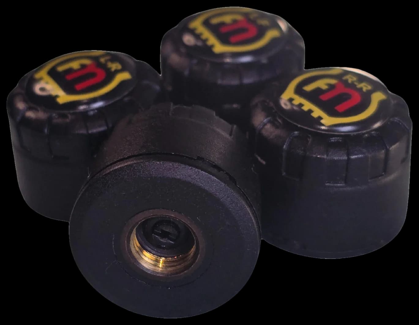 External tyre sensors, one turned over to show its brass thread.