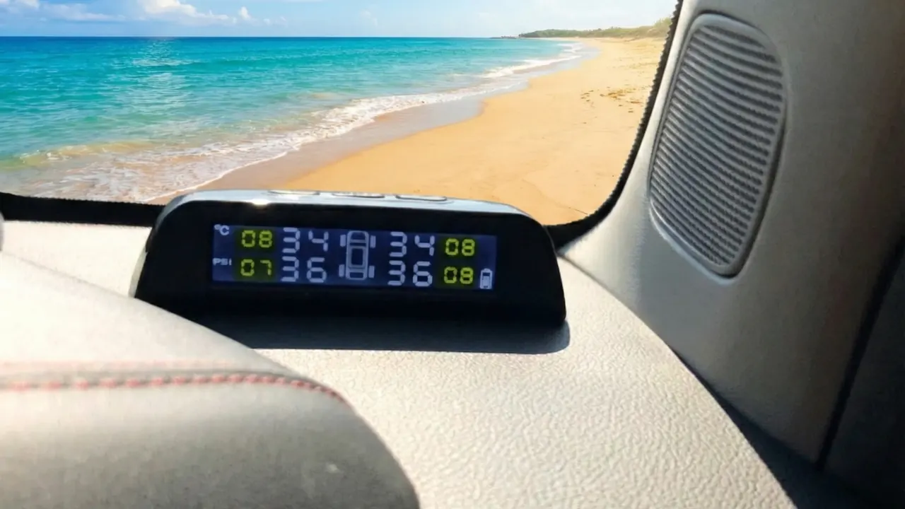 A flatMATE Aura display on the dash, reading four tyres, looking out over a beach.