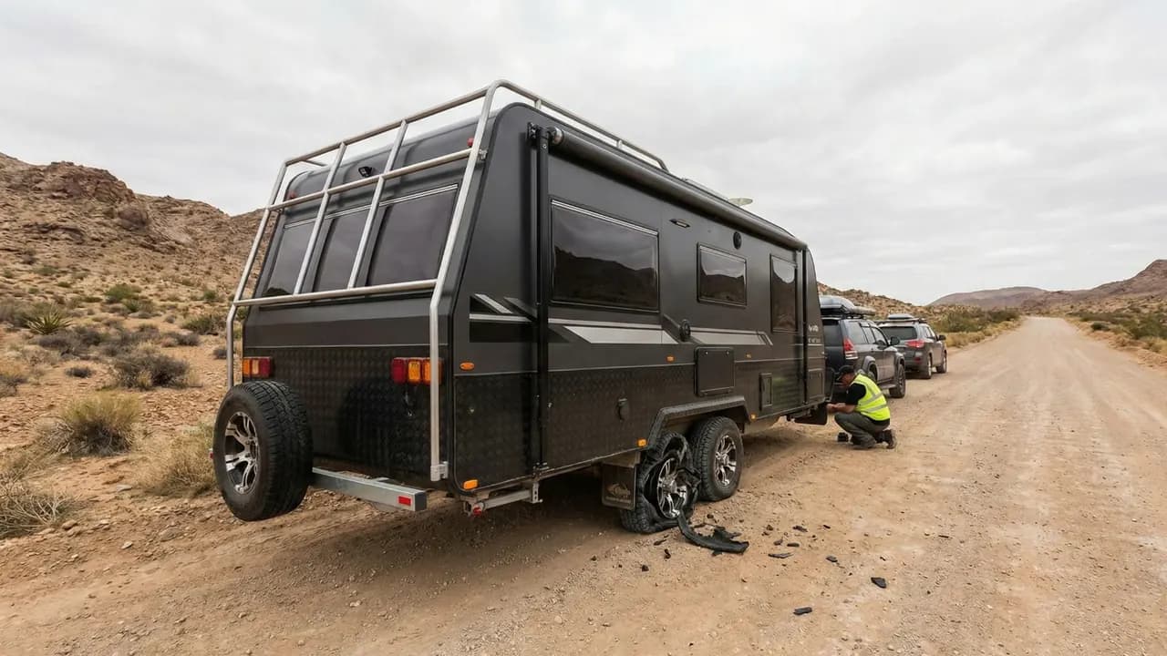 A tandem off-road caravan stopped on a dirt road with a shredded tyre, the driver crouched beside it.