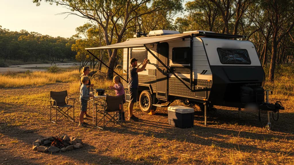 People relaxing beside a caravan at a bush campsite under gum trees.
