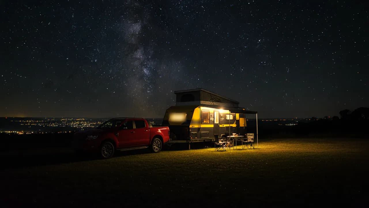 A ute and a lit caravan camped on a hill under the Milky Way.