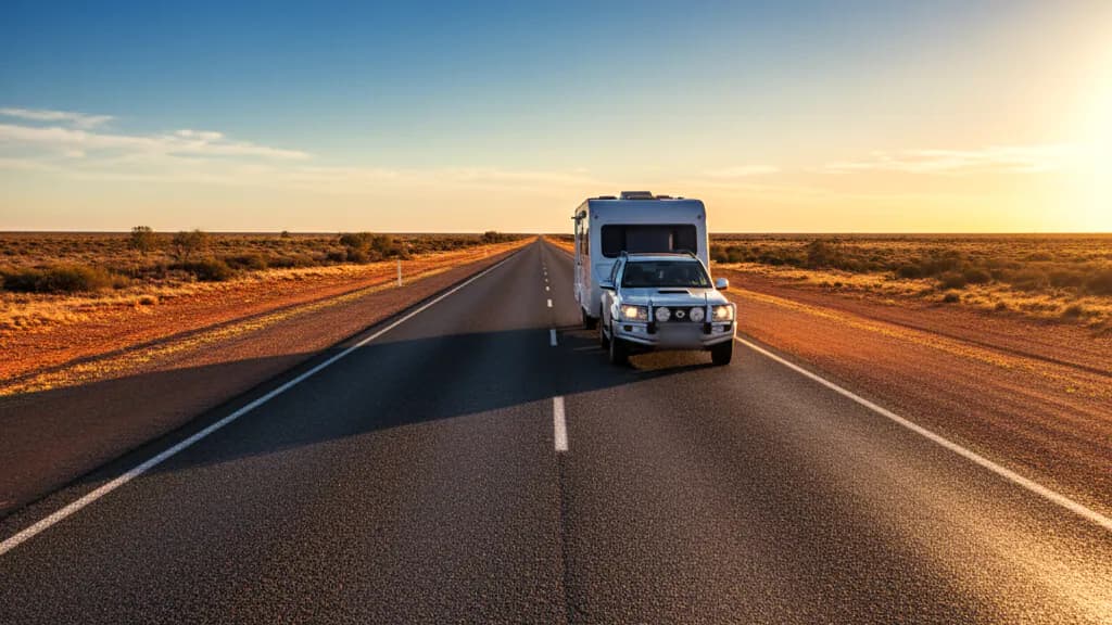 A white 4WD towing a caravan down a straight outback highway.