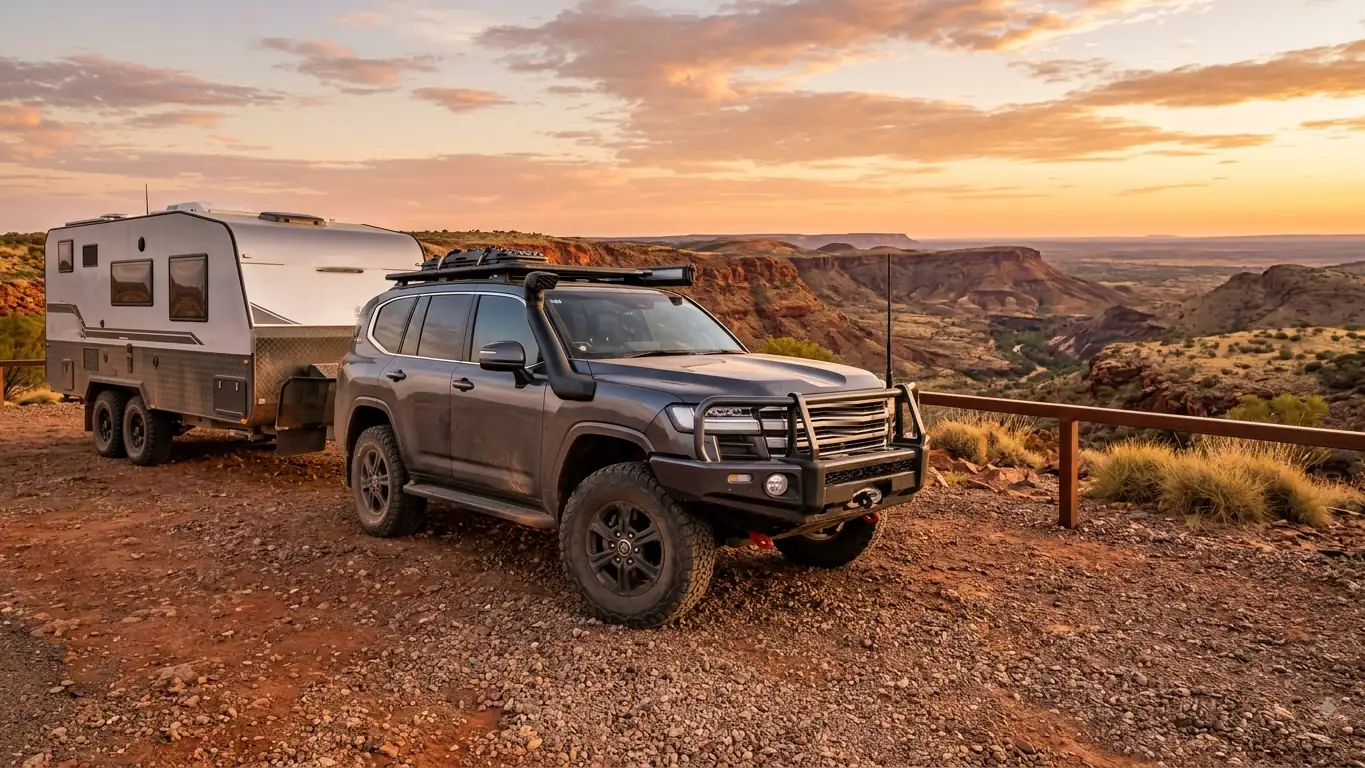 A 4WD towing an off-road caravan, stopped at an outback lookout at sunset.