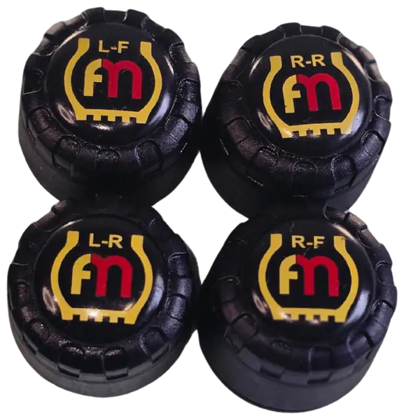 Four external tyre sensors from above, each marked with its wheel position.