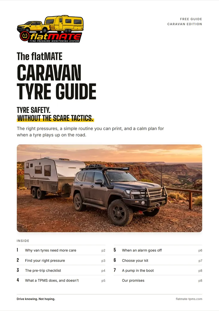Cover of The flatMATE Caravan Tyre Guide: a 4WD and caravan at an outback lookout, with the contents list.
