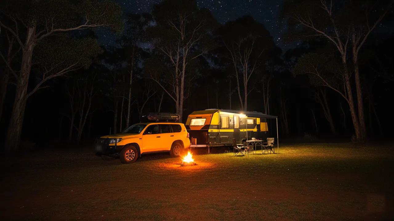 A yellow 4WD and a camper beside a campfire under gum trees at night.
