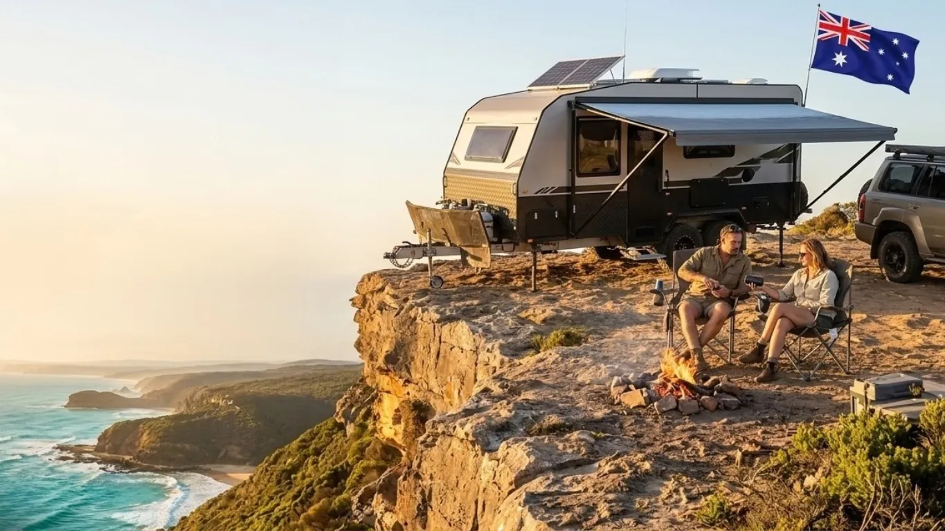 A couple by a campfire beside their off-road caravan on a clifftop above the sea.
